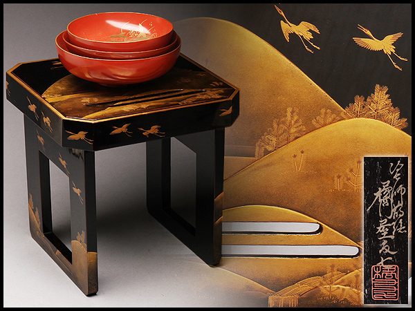 お得，2026 CJ088 時代物 塗師 橘屋友七作 黒漆梨地山水若松三羽鶴高蒔絵花月台 朱漆沢瀉蒔絵三つ組盃 三つ組杯 一組 共箱附(杯)｜売買されたオークション情報、yahooの商品情報をアーカイブ公開 - オー 杯