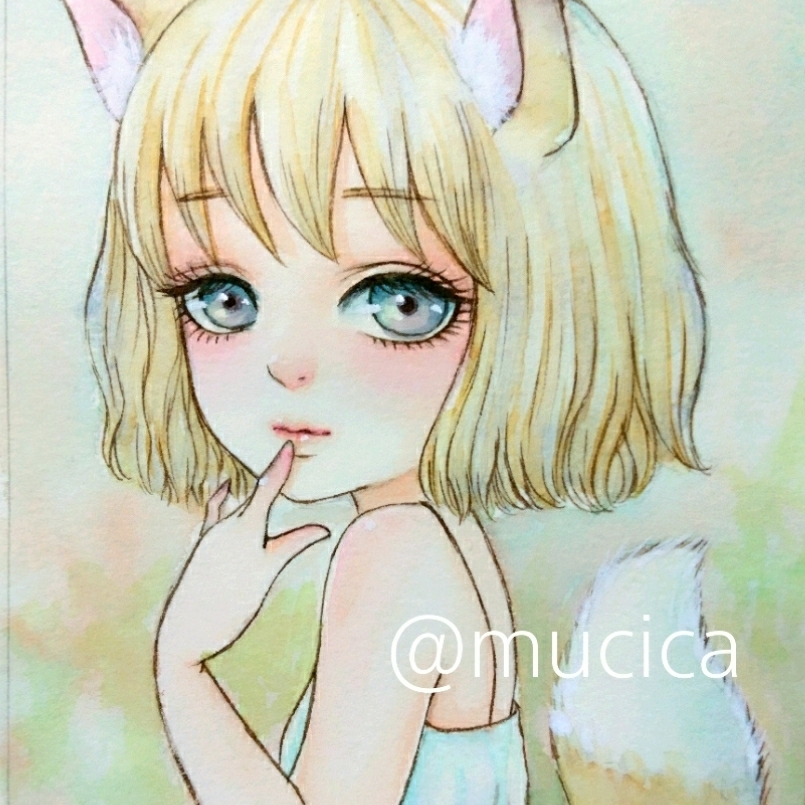 高品質，100%新品 手描きイラストオリジナル キツネちゃん 水彩画