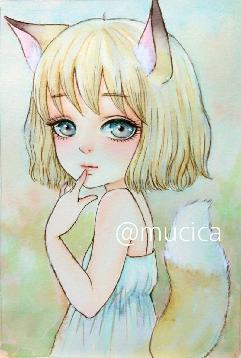 ◇聖なる翠◇手描きイラスト 手描きイラストオリジナル キツネちゃん 水彩画