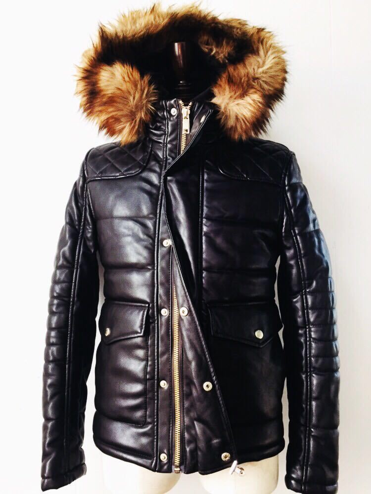 美品 zaraleathers ラムレザー ファーフード ダウン ライダース 