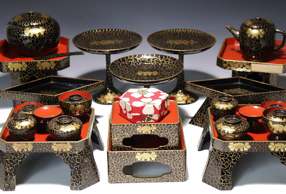 侍】大正昭和初期 蒔絵雛道具 掛盤揃 高付 菱臺 入れ子小箱 など 大正