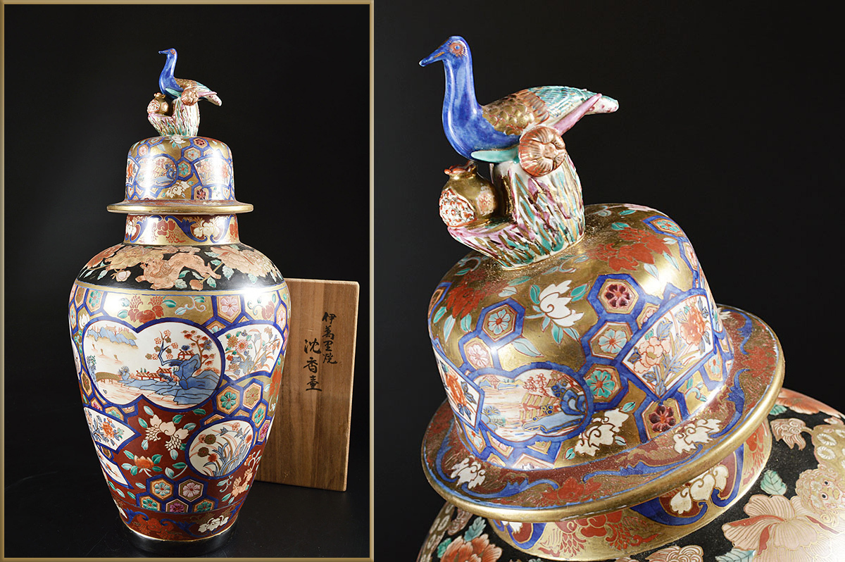 琳派古伊万里様式沈香壷 【雲】伊万里焼 色絵金彩獅子風景花唐草窓