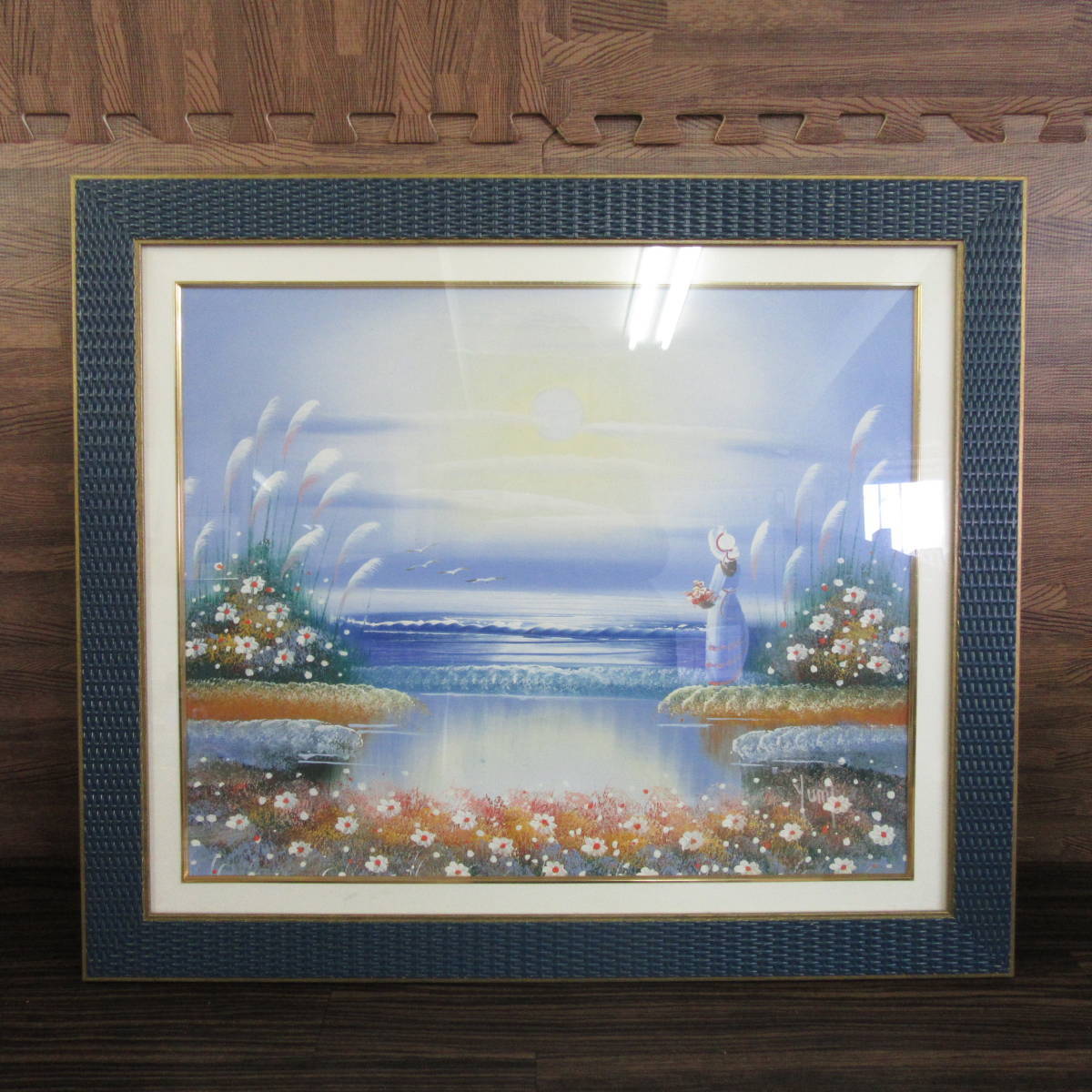 真作 YIMI ユミ サイン有 海辺 少女 黄昏 風景画 油彩 油絵 絵画 額絵