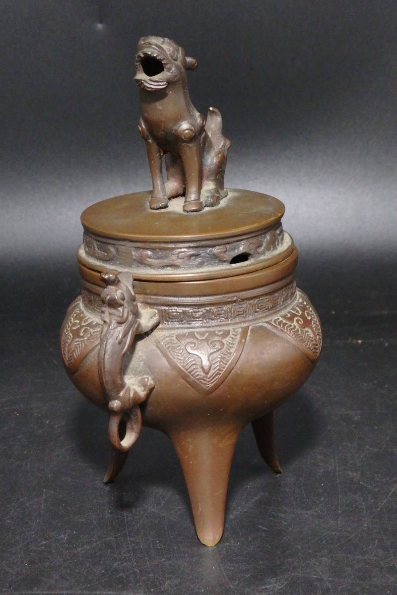 香炉 時代物 銅製 銀火舎 三つ足 獅子耳 旧家整理品 明〜
