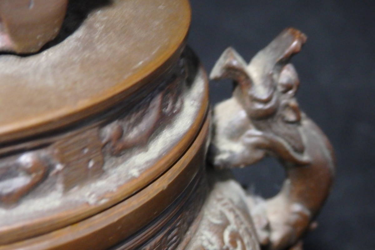 香炉 時代物 銅製 銀火舎 三つ足 獅子耳 旧家整理品 明〜