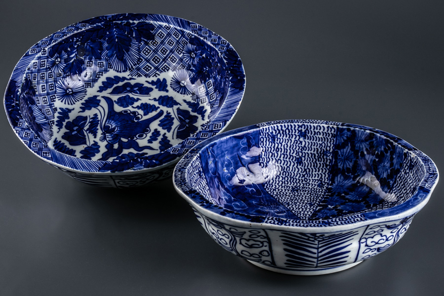 真】古伊万里染付ベロ藍ミジン唐草草花文大鉢一対（2客）江戸後期 1000