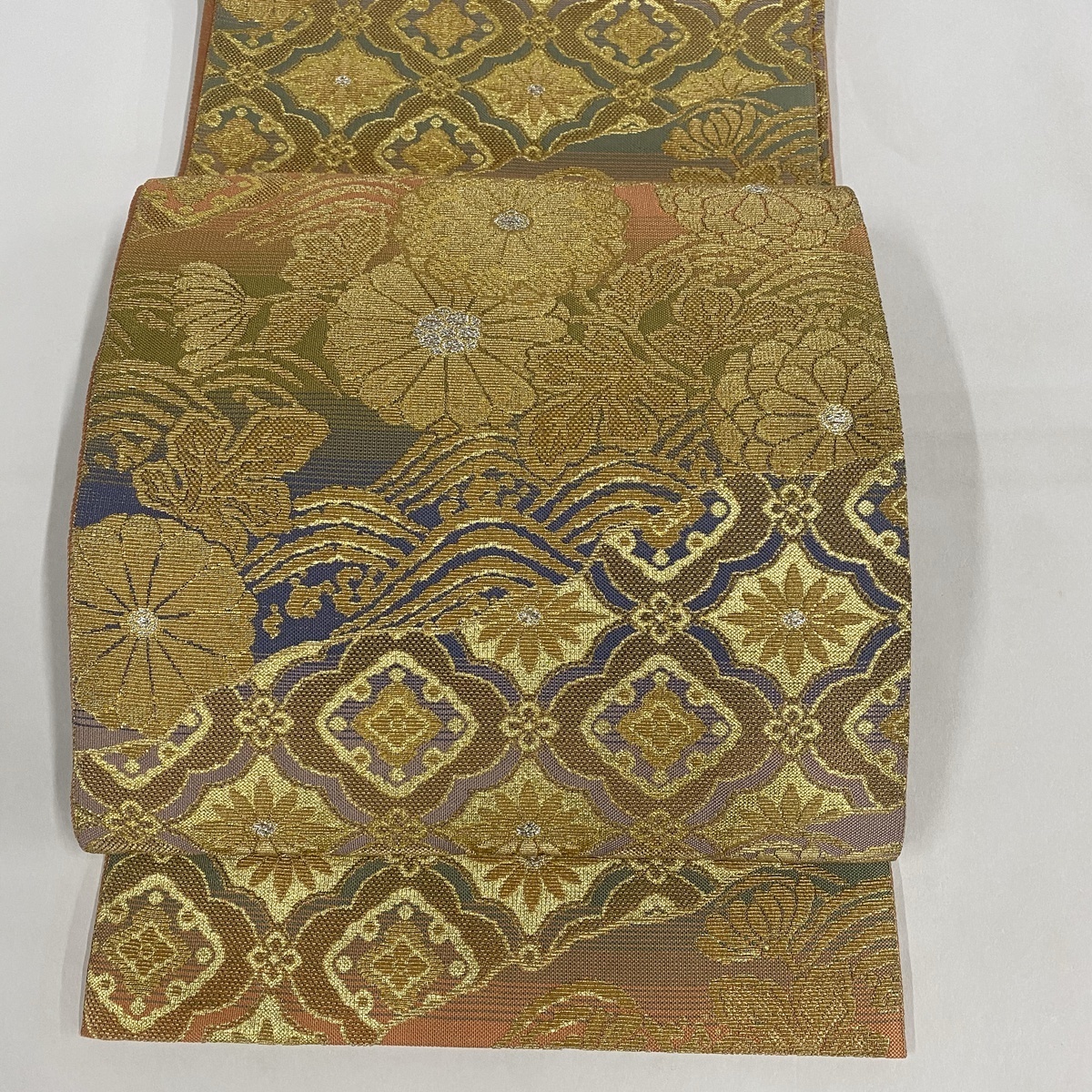 秀品 正絹 袋帯 横段丸松文 31cm×439cm 金糸 銀糸 オンライン通販 銀座 袋帯 美品 逸品 輪奈織 菊 横段 箔 金糸 金色 全