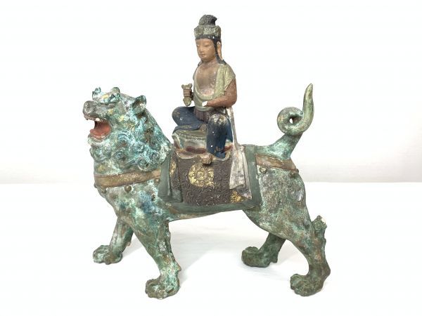 旧家蔵出 獅子乗観音像 細密彫刻 在銘 総重量1100g 時代 中国 仏教美術