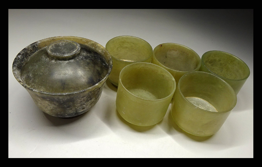 緑屋*c□ 中国古玩 唐物 玉石彫刻 煎茶碗 蓋碗 6点 時代物 煎茶道具 i9