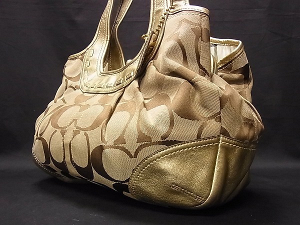 コーチ がま口バッグ シグネチャー ベージュ ゴールド　パーティーバック 1円 □美品□ COACH コーチ 12232 キャンバス×レザー シグネチャー