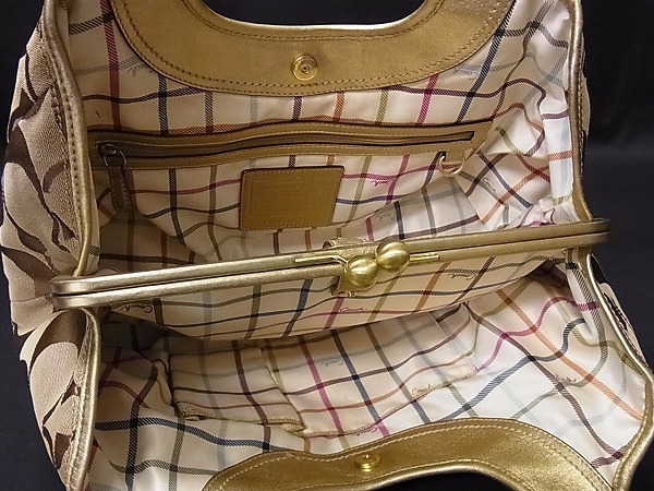 コーチ がま口バッグ シグネチャー ベージュ ゴールド　パーティーバック 1円 □美品□ COACH コーチ 12232 キャンバス×レザー シグネチャー