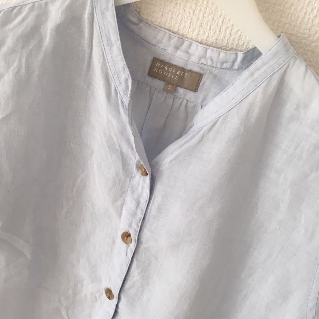 MARGARET HOWELL ショートスリーブ リネン ブラウス Ⅱ サイズ ブルー 