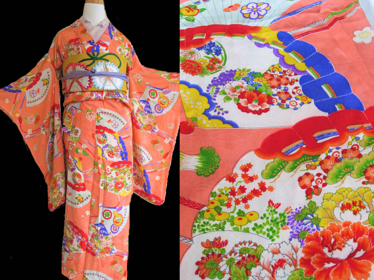 専用です☆アンティーク綺麗なピンクに花扇の着物単品 カラフル！ピンク紋錦紗 花扇アンティーク着物 単衣 アンティーク着物