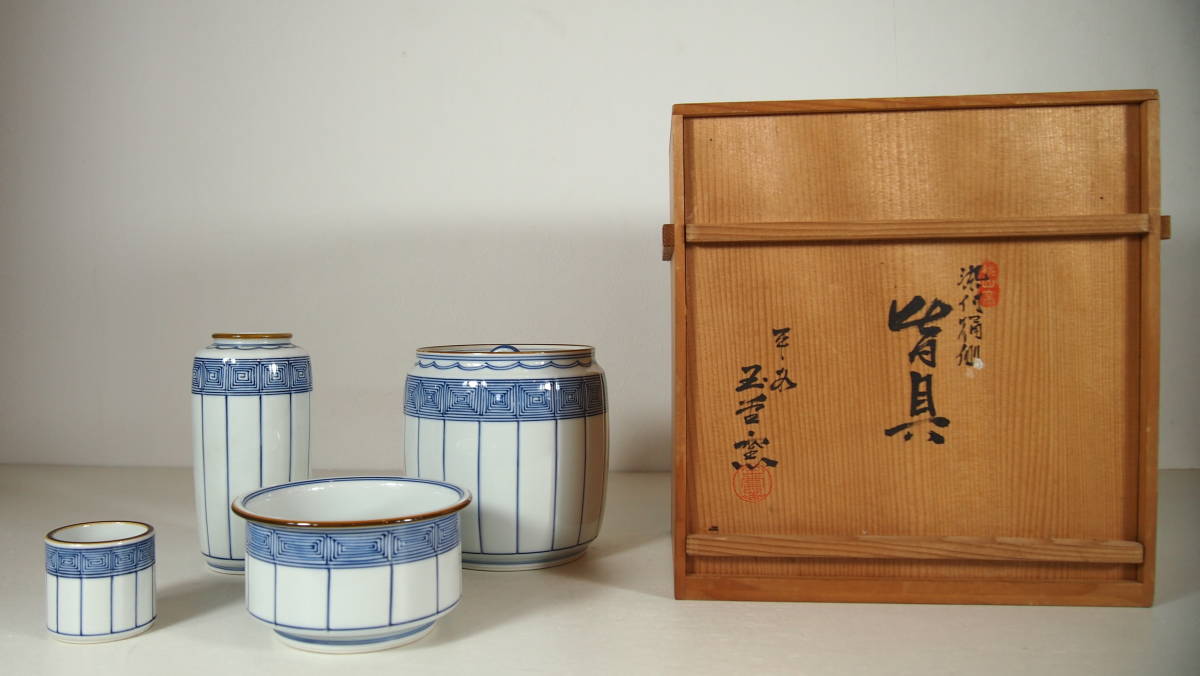 茶道具　染付　桶川　皆具　手塚玉堂　共箱　水指　杓立　建水　蓋置　京焼　台子 手塚玉堂 染付 桶川 皆具 水指 建水 蓋置 杓立 在銘 玉堂窯 共箱 茶道具