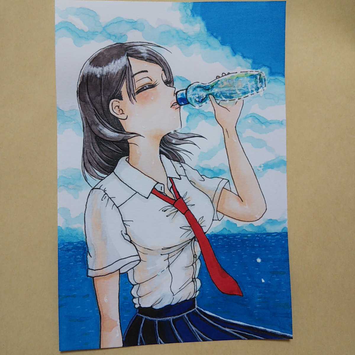 手描きアナログイラスト(夏とラムネ) 手描き創作イラスト 自作 オリジナル 原画一点もの アナログイラスト