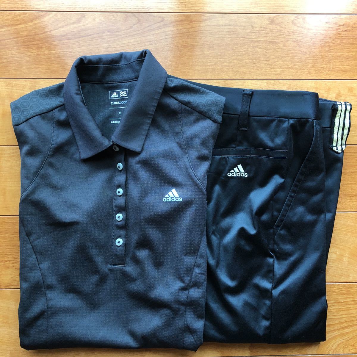 送料無料adidas/アディダスゴルフレディース高機能CLIMACOOLノースリーブポロシャツ＆サテンサブリナパンツ/ストレッチ/2点セット中古品