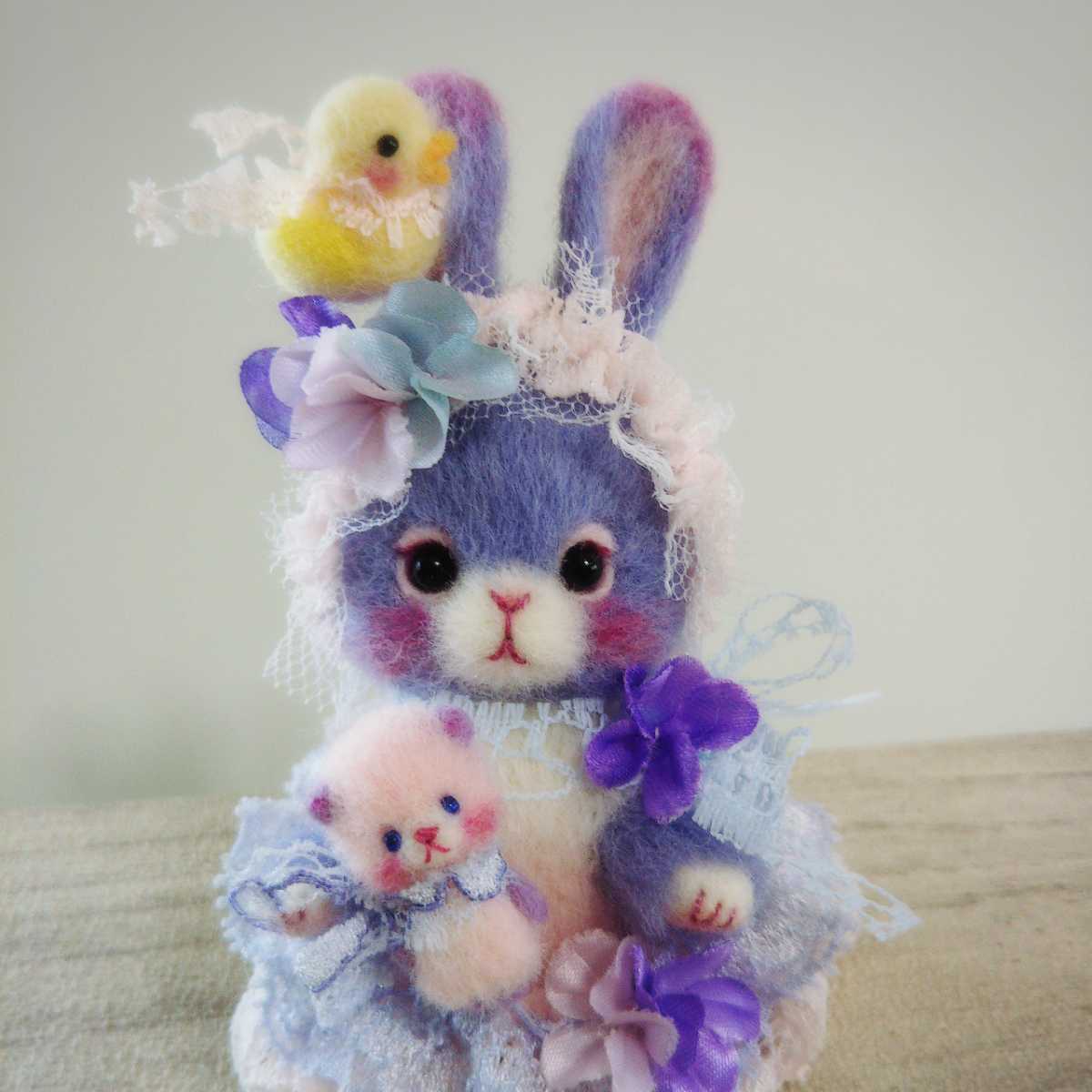 ちびくま ひよこ 羊毛フェルト たれ耳紫うさぎ ピンクベージュ