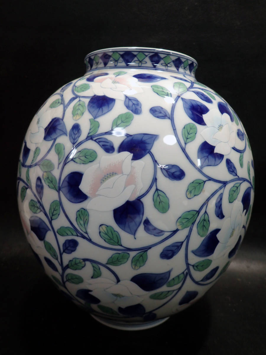 義】 美術品 美濃焼 前畑陶器 庫山窯 白磁彩色 草花文 飾り壷 花瓶