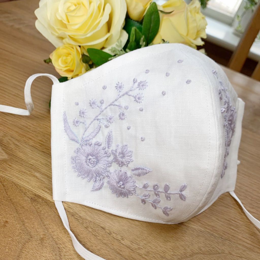 ファッション小物 ラベンダー 花刺繍入 マスク ハンドメイド