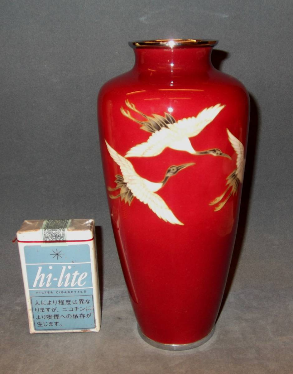 七宝花瓶 (鶴三羽 飛翔)あずき色・銀有線七宝・状態良好