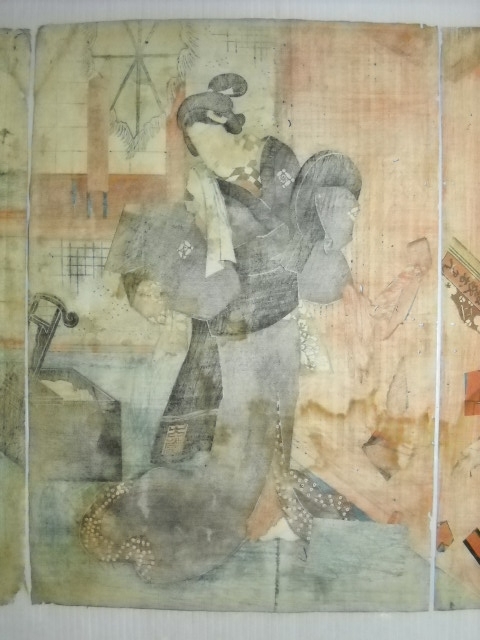 蔵出】⑤古い木版画 一陽斎豊国画？ 香蝶楼豊国画？ 三枚続絵 時代物