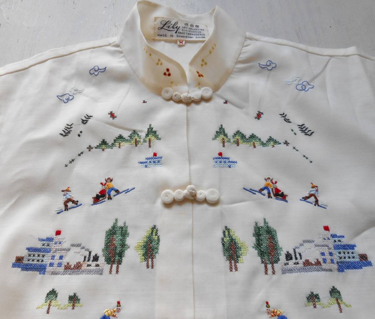 レトロ チャイナカラー 刺繍ブラウス ハンド刺繍 リメイク素材 /70年代 
