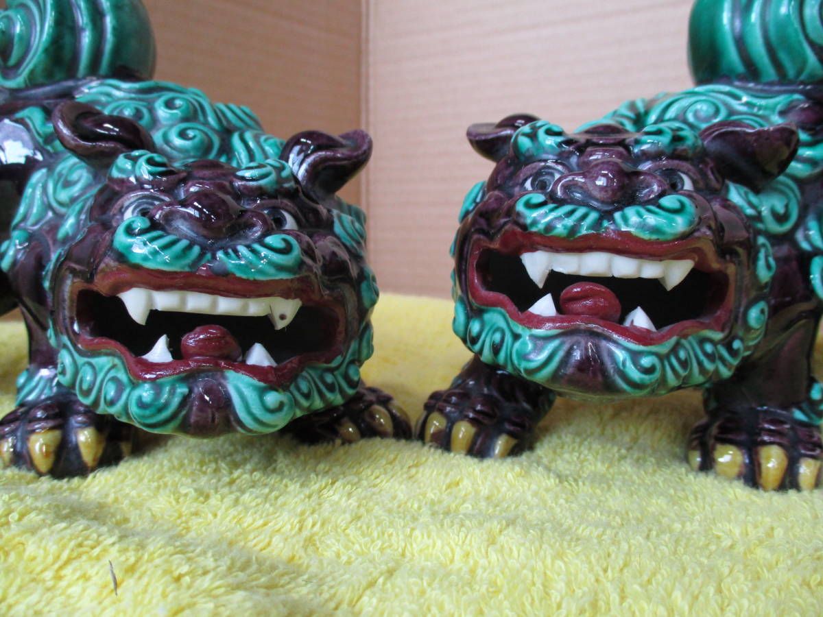 美品 武家屋敷から☆九谷焼 「九谷 八幡窯」 在銘1対 緑釉獅子 阿吽