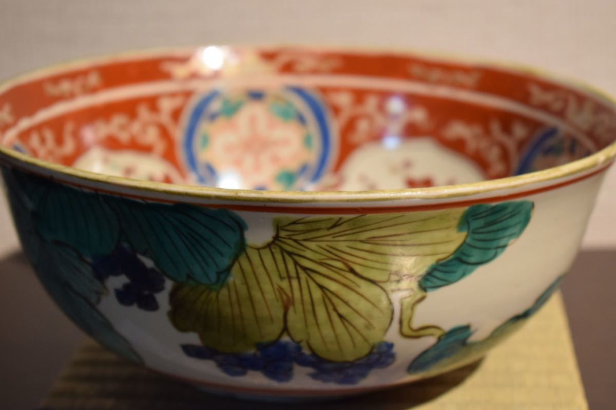 GE】Z214【旧家所蔵品】江戸期 古九谷様式 赤絵雄雌鶏草花図鉢 /美術品