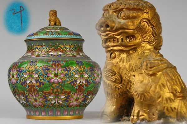 中国古玩  青銅 鳥 花瓶　唐物 5A99J 中国古玩 中国美術 唐物 七宝 花文 獅子摘み 蓋付花瓶 花器①