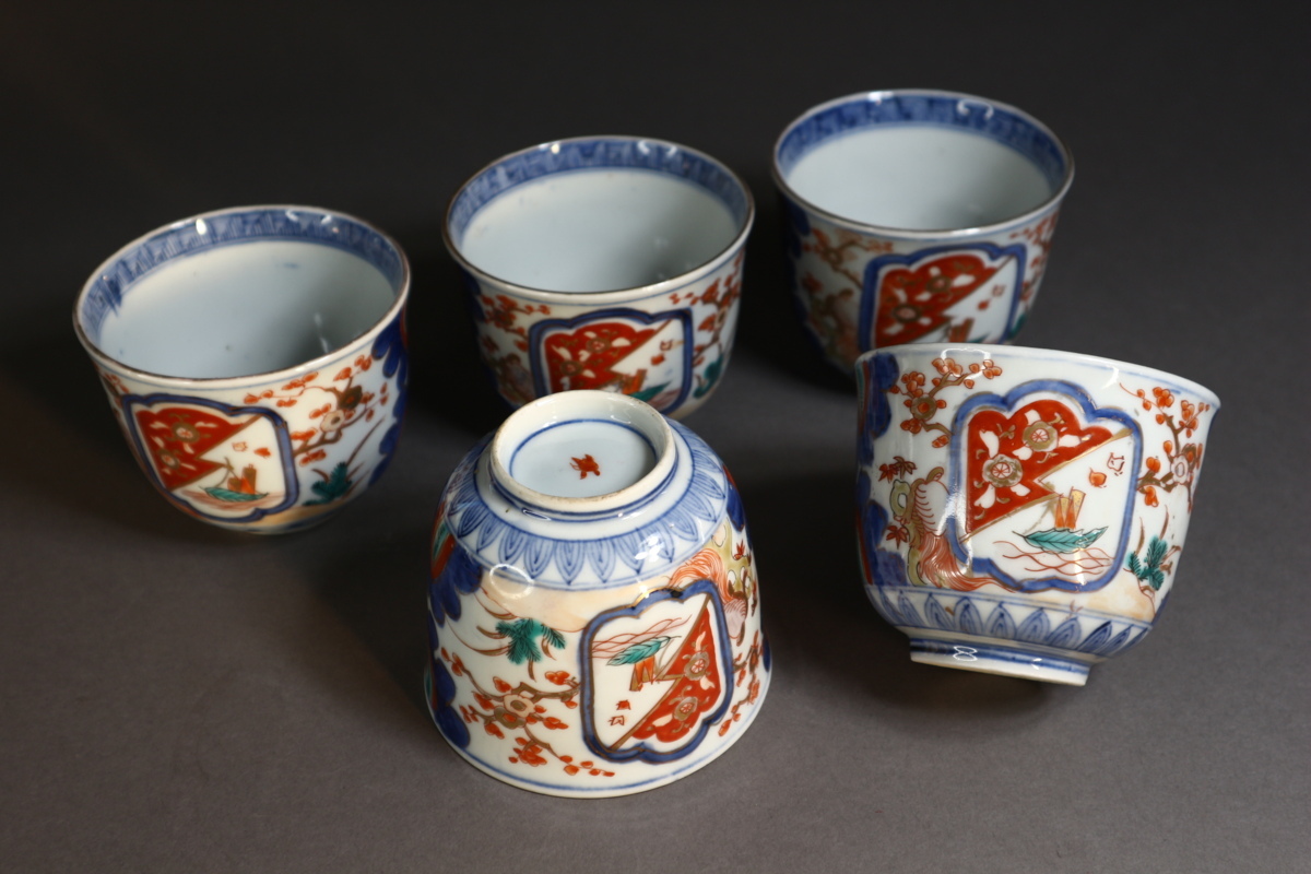 古伊万里 色絵窓絵梅蓮弁文 蕎麦猪口 五客 ② / 江戸時代 花文 そば猪口 湯呑 懐石
