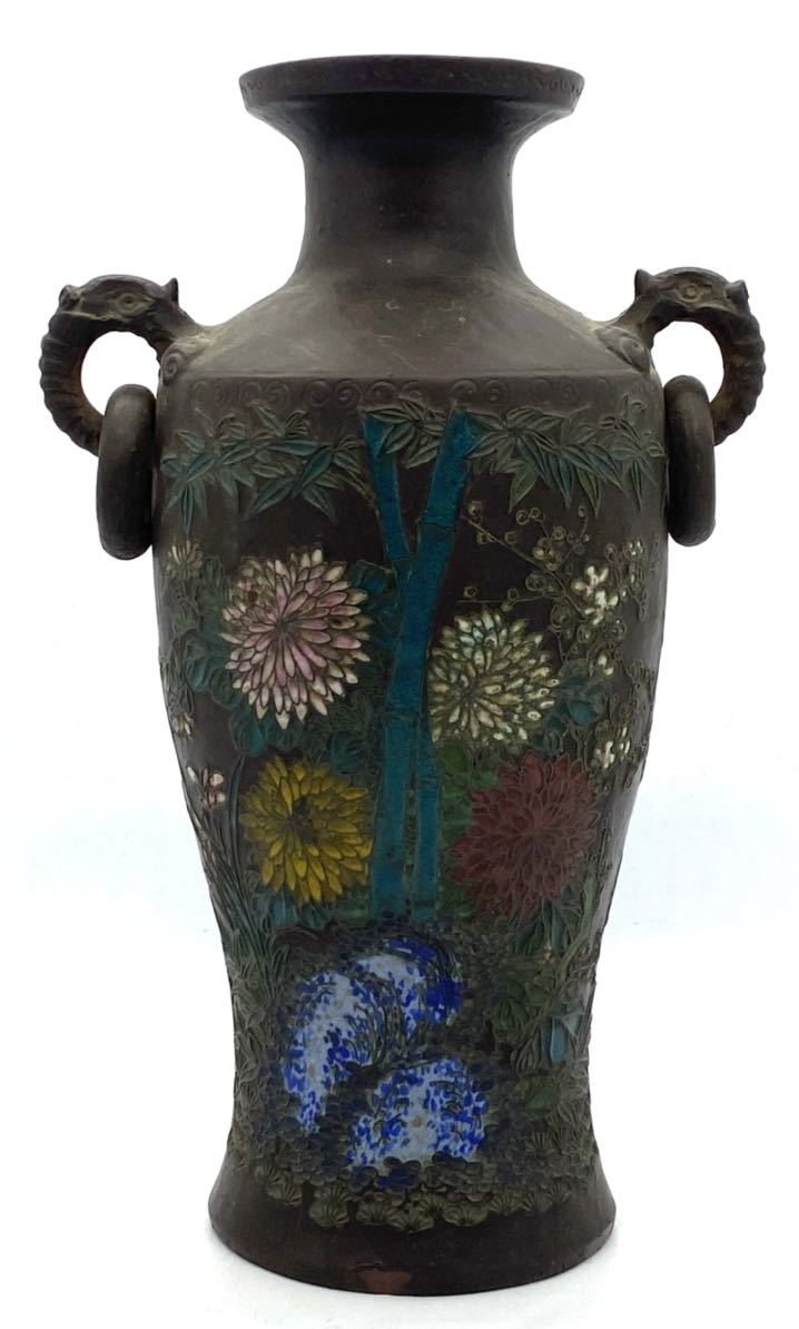 中国 古玩 朱泥 象嵌七宝 遊環付獣耳 草花竹図 花入 花瓶 中国古玩朱泥
