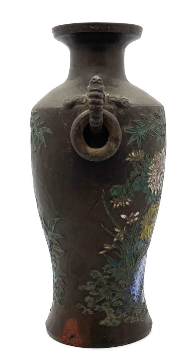 中国 古玩 朱泥 象嵌七宝 遊環付獣耳 草花竹図 花入 花瓶 中国古玩朱泥