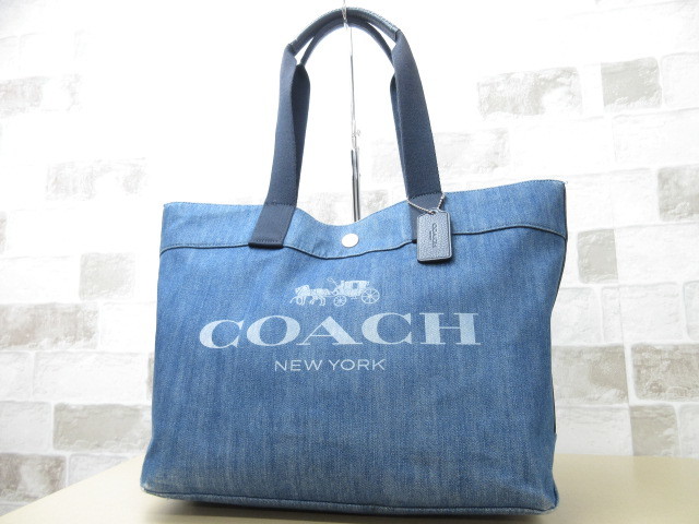 美品□コーチ COACH□トート バッグ キャンバス レザー デニムブルー 