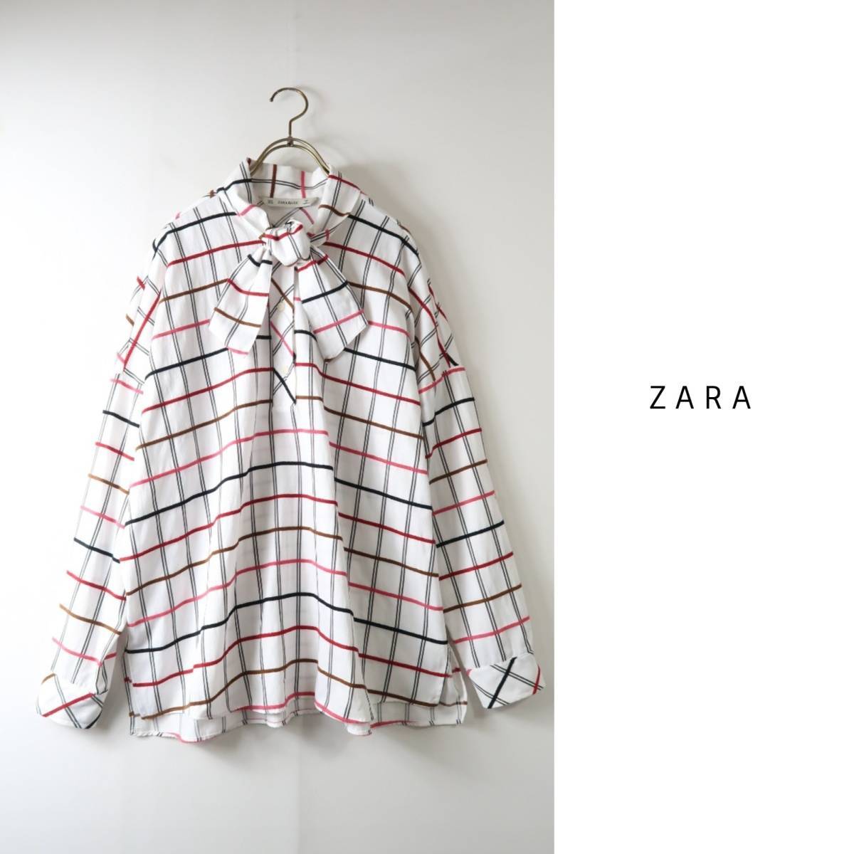 ザラ ZARA☆オーバーサイズ ウィンドウペン ボウタイシャツ Mサイズ☆M-S 2038
