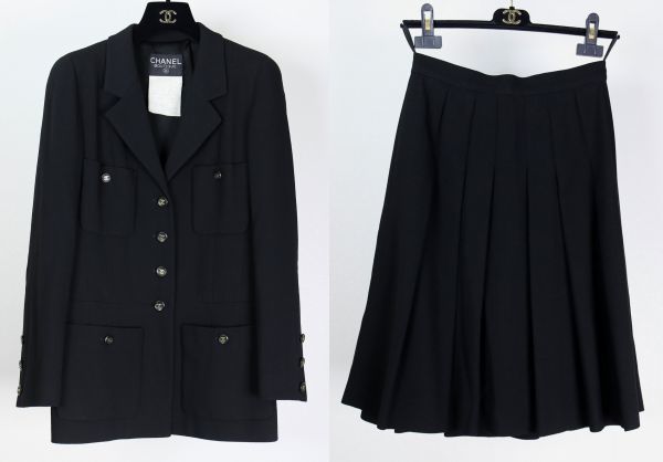 95P CHANEL シャネル ブラック ウール スーツ ジャケット 38 スカート