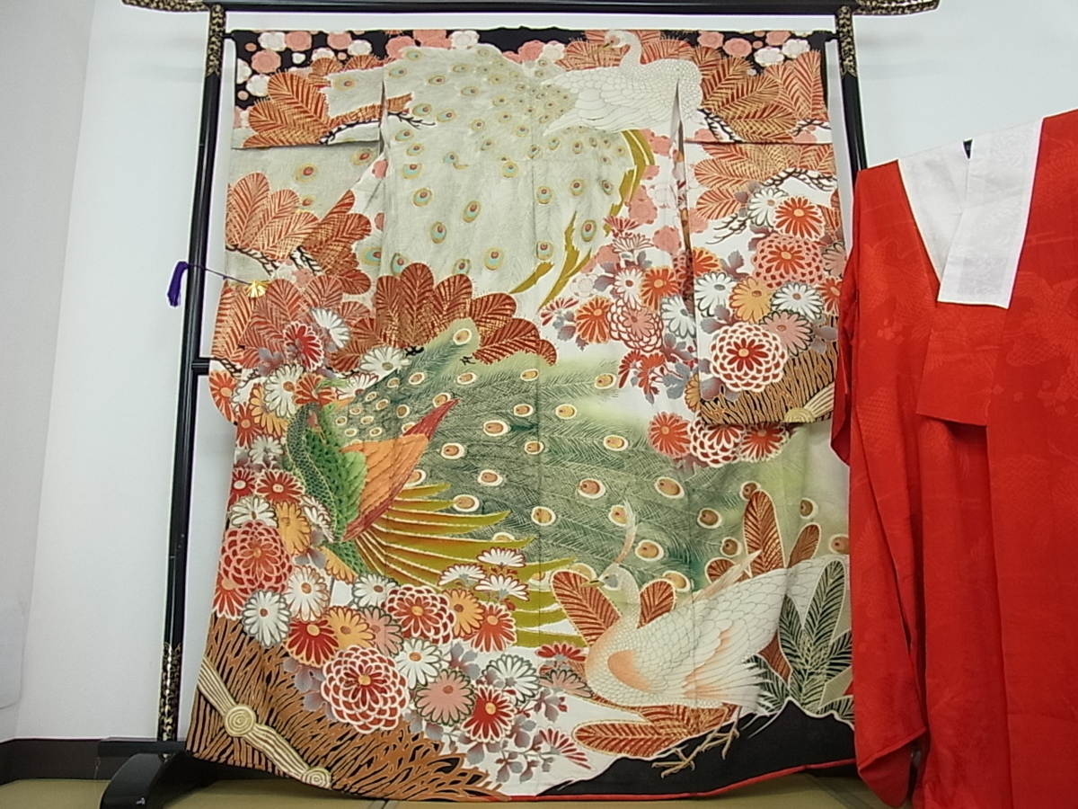 花美人■極上　アンティーク　大正ロマン　振袖・長襦袢セット　駒刺繍　孔雀　菊松風景　逸品　v1544 極上　アンティーク　大正ロマン　振袖・長襦袢セット　駒刺繍　孔雀　菊松風景　逸