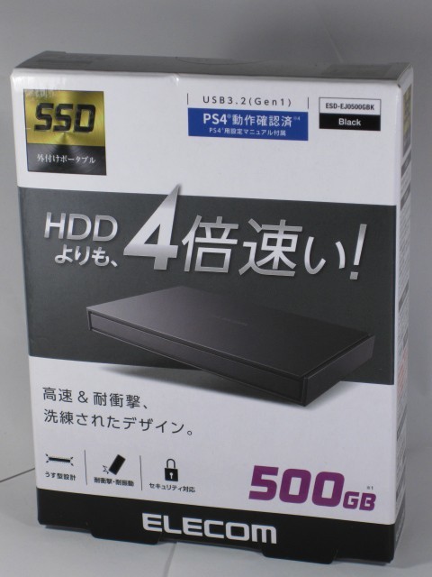 ■ ELECOM　USB3.2(Gen1)対応外付けポータブルSSD 500GB/ブラック　(ESD-EJ0500GBK)