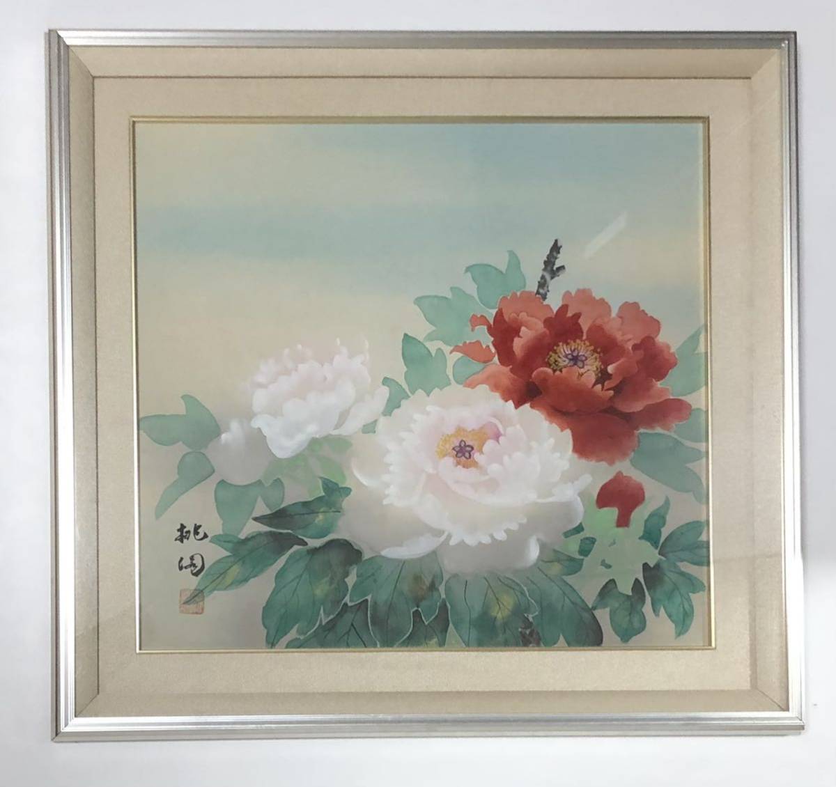 真作 三代桃園 絹本日本画「牡丹図」画寸 49cm×44cm 大分県出身 清光会