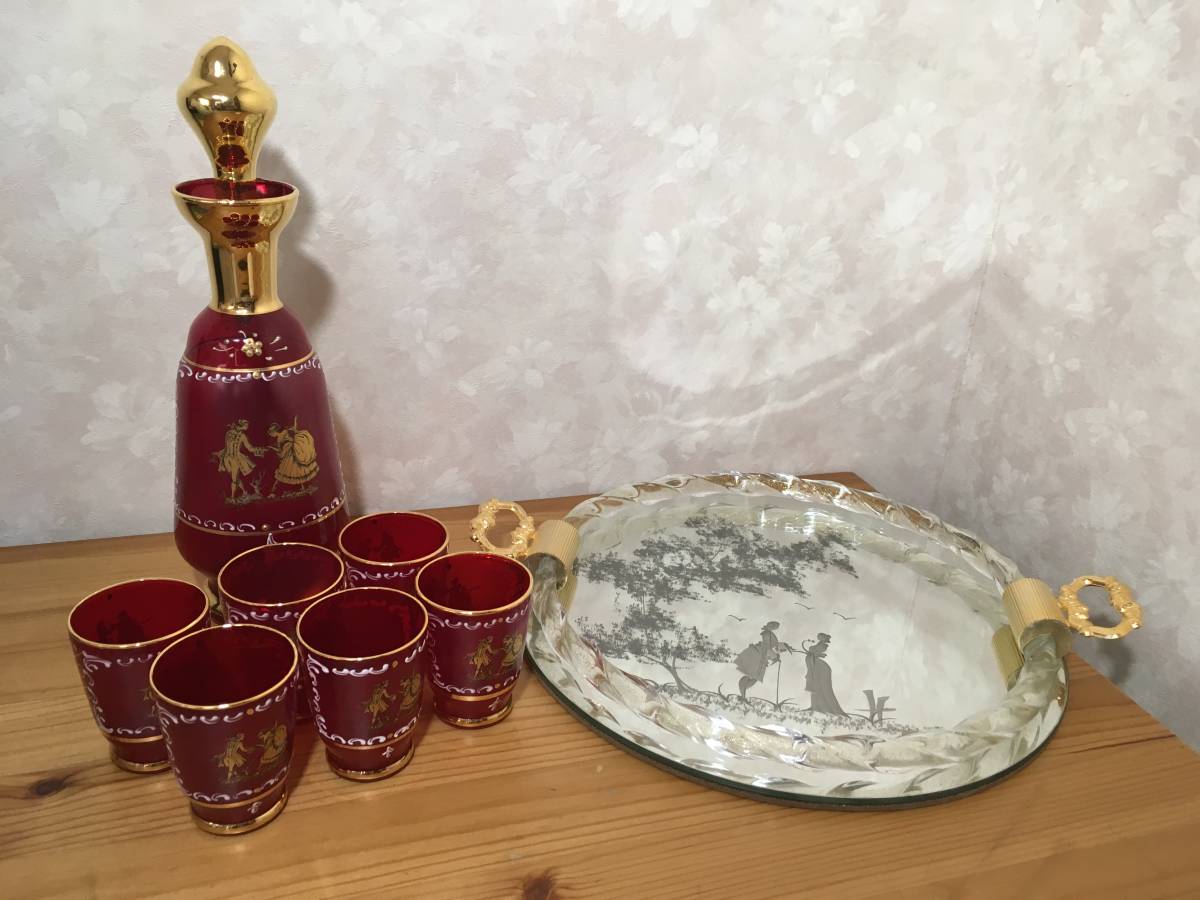 驚きの破格値 MURANO GLASS デキャンタ グラス 5客セット トレー