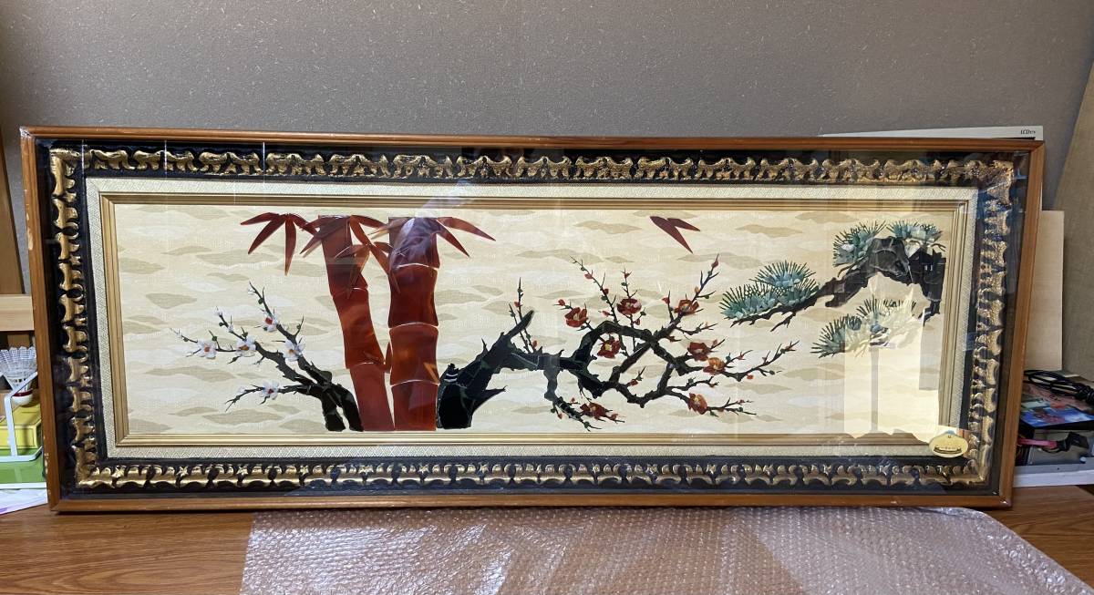 宝石画 貴石画 貴石絵 松 竹 梅 宝石画 石細工 ストーンアート 美術 額