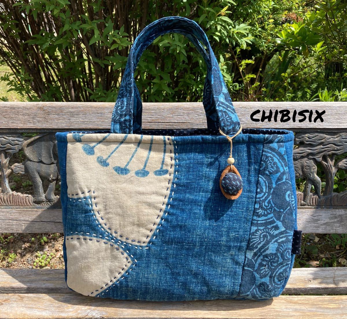 chibisix○○ハンドメイド 古布 バッグ○○筒描き 藍染 型染め 絣