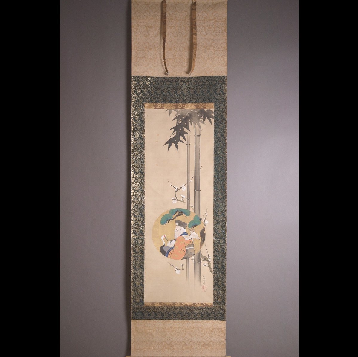 酒井抱一筆 絹本著色 松竹梅寿老人図 掛軸 【江戸時代：美術倶楽部鑑定