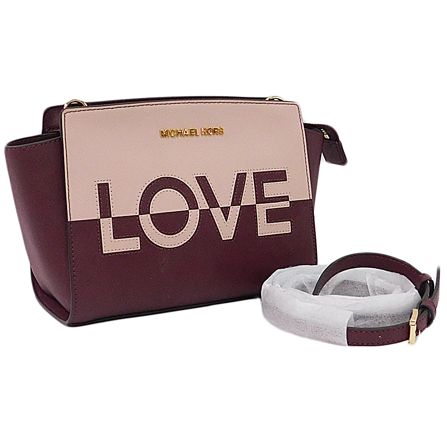1円 ■ 新品同様 マイケルコース ショルダーバッグ レザー×キャンバス レッド・ピンク系 斜め掛け MICHAEL KORS ■Bop