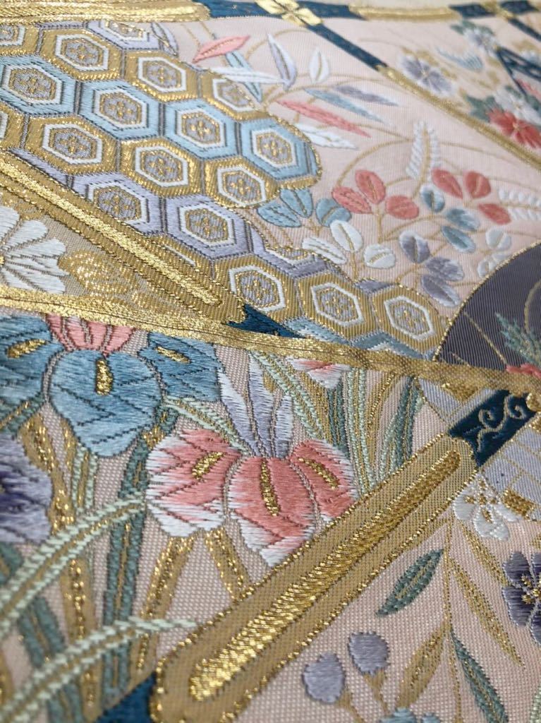 逸品 袋帯 天井絵御所車文 帯 純金箔 24K 着物 正絹 唐織 豪華 絹100