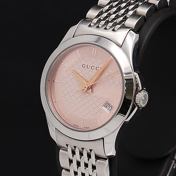 1円★稼働◎良品【GUCCI/グッチ】126.5 ピンク系 シルバーカラー デイト スイス製 QZ レディース腕時計 A0080215