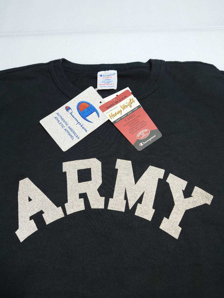 レア　新品！　チャンピオン　T1011　Tシャツ　半袖　ARMY　アーミー　リフレクター　反射　ロゴ　ブラック　アメリカ製　L　希少　BTS チャンピオン T1011 Champion アメカジ おしゃれ 半袖の通販