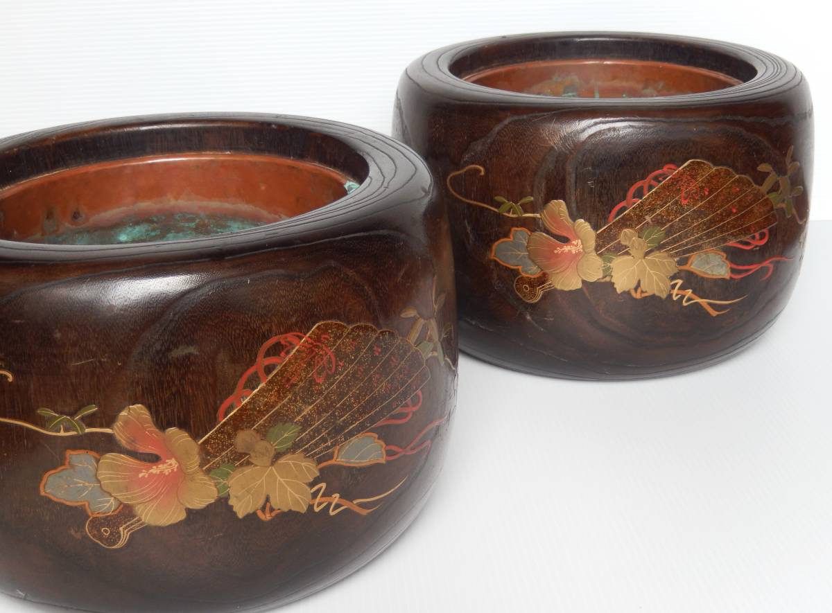 【OAN】 時代物 漆芸 桐 蒔絵 草花文 火鉢 一対 高さ21cm 共箱付 骨董 古美術 古道具 民藝 古民藝 茶道具 懐石 古玩 高盛蒔絵 F2107046