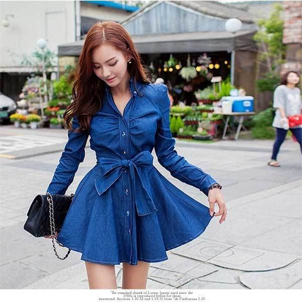 デニム生地 フレアーミニワンピース シャツワンピース ワンピ 長袖 デニム ミニ ブルー Aライン 美シルエット Mサイズ 売買されたオークション情報 Yahooの商品情報をアーカイブ公開 オークファン Aucfan Com