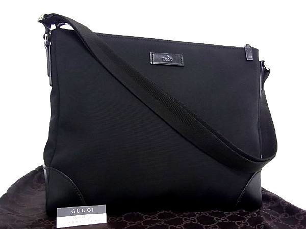 1円 ■極美品■ GUCCI グッチ 110054 1705 キャンバス×レザー シルバー金具 ショルダーバッグ 肩掛け 斜め掛け ブラック系 N9835Kオ