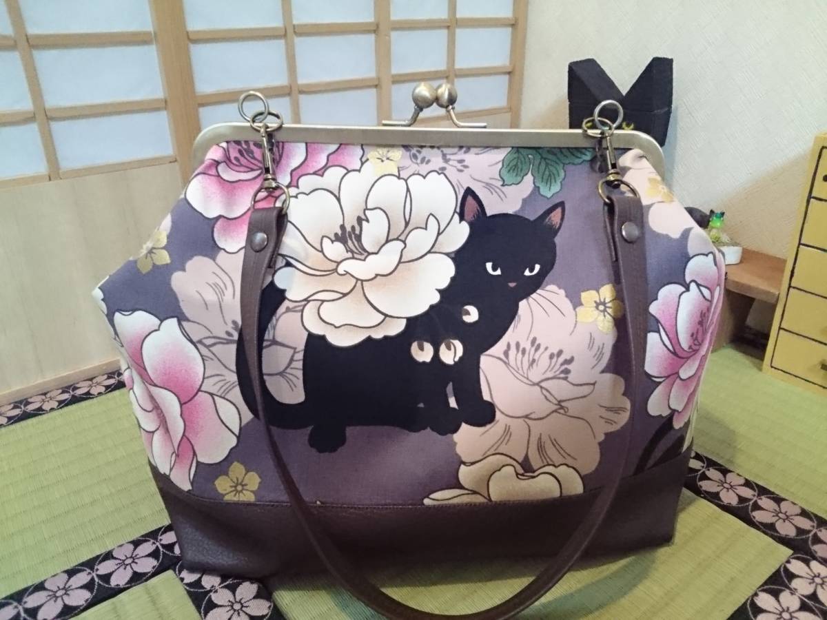 和 モダン 黒猫 牡丹 パープル 紫 大人 かわいい がま口 3way